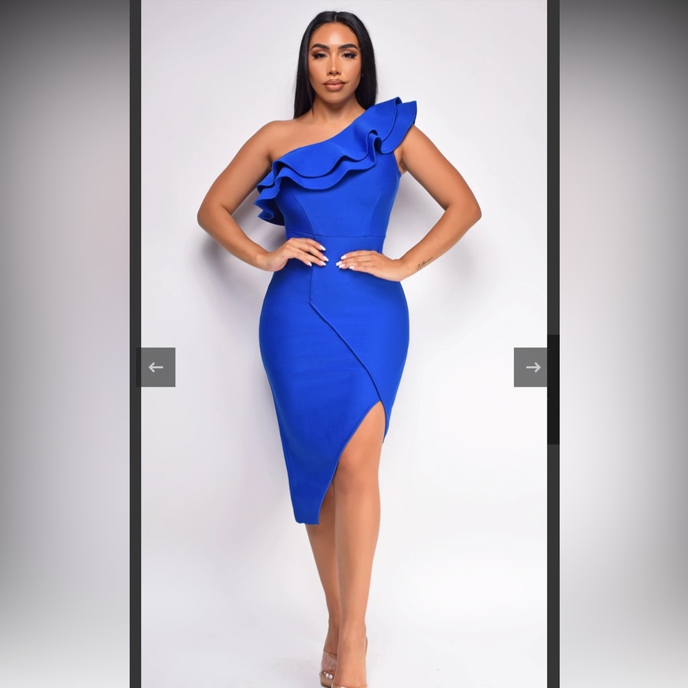 Emprada Women’s Delaney black one shoulder ruffle bandage dress in size small